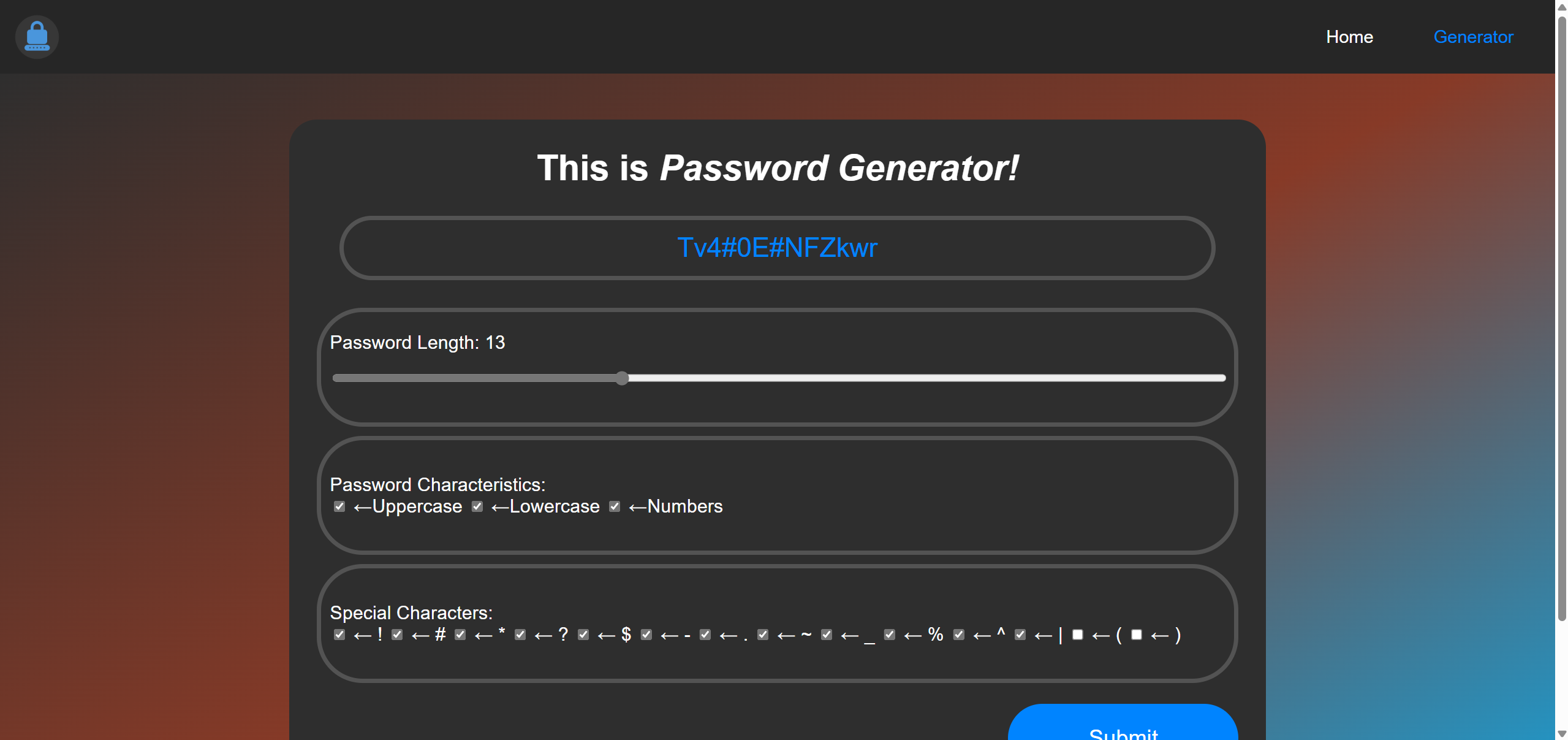 A password generated on the password generator page